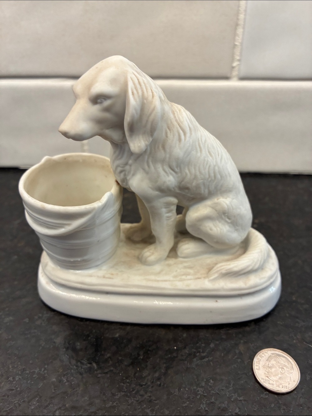 White Ceramic Dog Figurine Parian?  Setter with bucket. - Picture 2 of 6